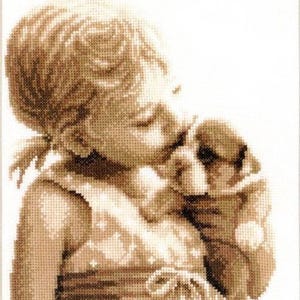 Little girl and dog cross stitch pattern, little girl and puppy cross stitch