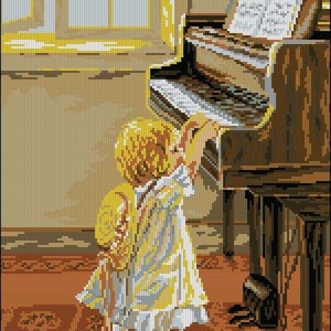 Little girl cross stitch pattern, little girl playing piano cross stitch pattern