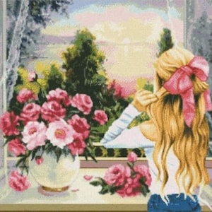 Girl cross stitch pattern, girl and flowers cross stitch, flowers cross stitch, spring landscape cross stitch