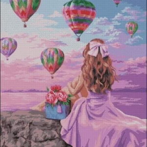 Hot air balloons cross stitch pattern, girl cross stitch pattern