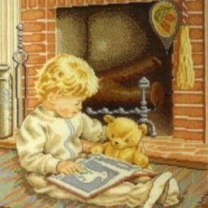 Little girl cross stitch pattern, little girl and toy bear cross stitch, little girl and fireplace cross stitch