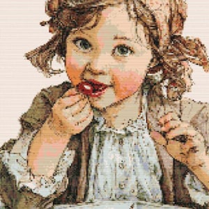 Little girl cross stitch pattern, little girl eating cherry cross stitch pattern