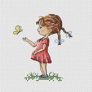 Little girl cross stitch pattern, little girl and butterfly cross stitch