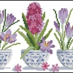 May include: Three white ceramic vases with blue and white floral designs, each holding a different type of flower. The vase on the left holds purple crocuses, the middle vase holds a pink hyacinth, and the vase on the right holds purple crocuses.