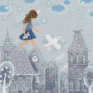 Girl cross stitch pattern, girl and the bird cross stitch, girl on roof cross stitch