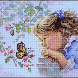 Little girl cross stitch pattern, little girl and butterfly cross stitch, butterfly cross stitch
