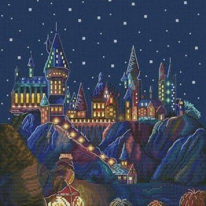 May include: A cross-stitch pattern depicting a nighttime scene of a castle with illuminated windows and turrets. The castle is set against a dark blue sky with stars. In the foreground, figures are looking at the castle, and a lantern is held up.