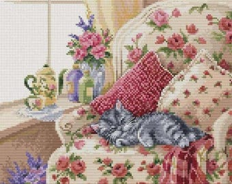 Cat cross stitch pattern, kitten cross stitch, living room cross stitch, cat on the sofa cross stitch