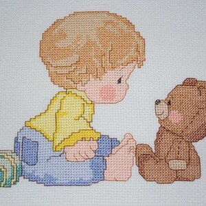 Little boy and toy bear cross stitch, little boy playing with teddy bear cross stitch pattern, little kid playing with toys cross stitch