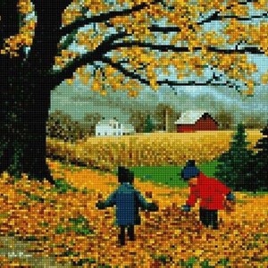 May include: A cross-stitch landscape depicts an autumn scene with two children in coats and hats playing in fallen leaves. A large tree with yellow leaves dominates the foreground. A red barn and white house are in the background.
