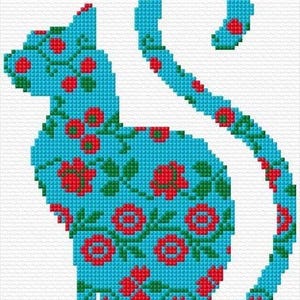 Cat cross stitch pattern, cat and flowers cross stitch, floral cat cross stitch, colorful cat cross stitch