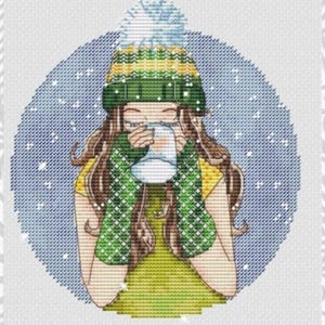 Girl cross stitch pattern, girl in snow cross stitch, winter cross stitch