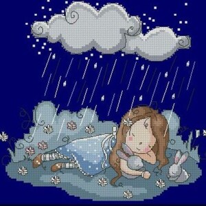 Little girl cross stitch, little girl with bunny cross stitch, raining cross stitch