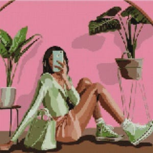 Teenage girl cross stitch pattern, girl with phone cross stitch, girl taking selfie cross stitch