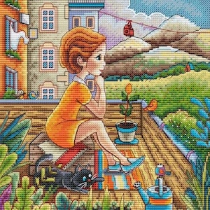 Little girl and cat cross stitch pattern, little girl on balcony cross stitch, spring cross stitch, flowers cross stitch