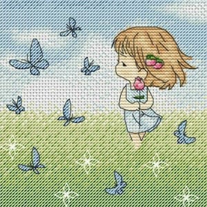 Little girl cross stitch pattern, little girl and butterflies cross stitch, little girl in the field cross stitch