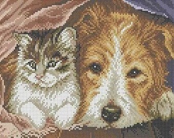 May include: A close-up of a brown and white dog and a brown and white cat. The dog is looking at the camera and the cat is looking to the side. The dog has a pink nose and the cat has a pink nose. The dog and cat are both sitting on a brown and white patterned surface.