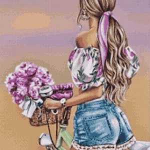 Girl with flowers cross stitch, girl with bicycle cross stitch pattern, girl at sunset cross stitch