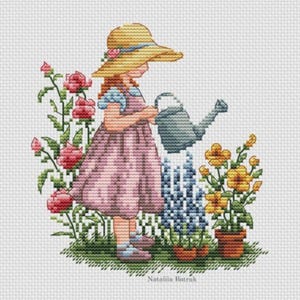 Little girl cross stitch pattern, little girl with flowers cross stitch, flower garden cross stitch, girl watering flowers cross stitch