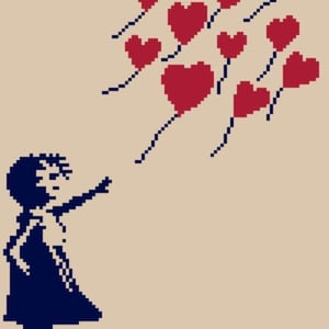 Little girl cross stitch pattern, little girl with balloons cross stitc, little girl with heart baloons cross stitch