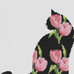 Cat cross stitch pattern, cat and flowers cross stitch, floral cat cross stitch, colorful cat cross stitch