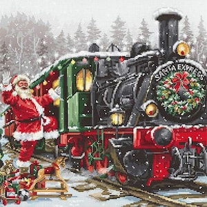 May include: A cross-stitch design shows Santa Claus waving beside a festive train. The black train, decorated with a wreath and the words "Santa Express", is set against a snowy forest backdrop. Presents and a rocking horse are at the train's side.