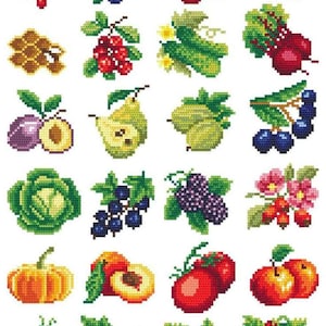 May include: A cross-stitch design showcasing an assortment of fruits and vegetables. The image includes redcurrants, blueberries, cherries, apricots, a honeycomb, red berries, cucumbers, plums, pears, gooseberries, grapes, a cabbage, a pumpkin, peaches, tomatoes, apples, chillies, cauliflower, raspberries, and strawberries.