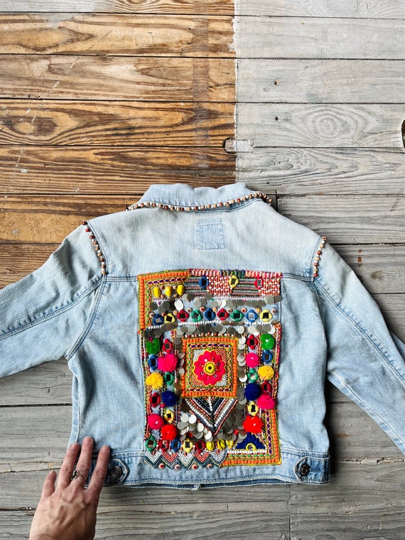 vintage colorful jean jacket | embellished upcycle