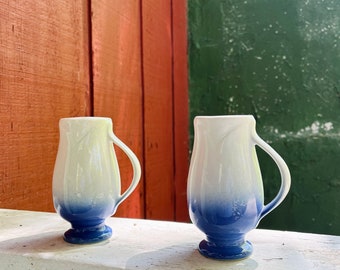 pair of blue and white tulip mugs | vintage ceramic tulip mugs
