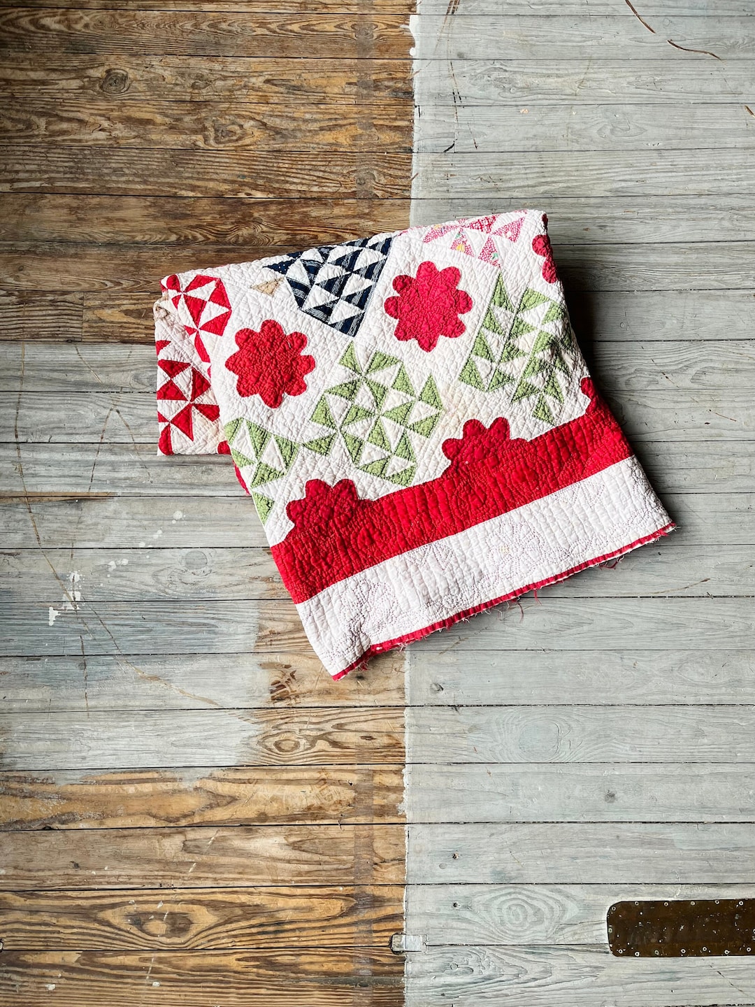 19th Century Floral and Triangle Quilt | Hand Stitched and Hand