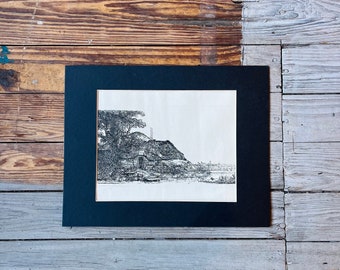 hand printed rembrandt etching print midcentury | vintage rembrandt etching print | cottage with windmill antique wall art by rae boer