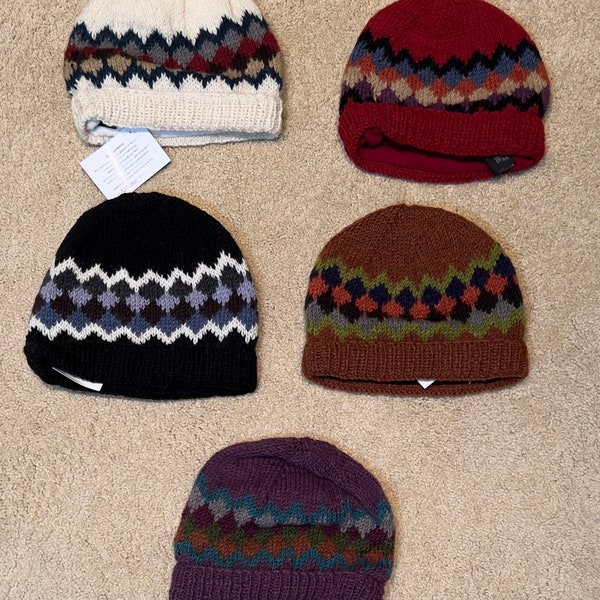 FAIRE TRADE:  Beautiful Hand-woven Wool Hats with Soft Fleece Lining.  From Nepal.  Various colors.