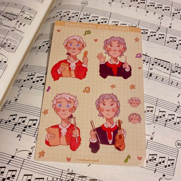 Mozart and Beethoven Vinyl Sticker Sheet//Classical Composer//Kawaii/Vinyl Sticker//Cute//Beethoven//Cute Music Gift/Music Teacher/Piano