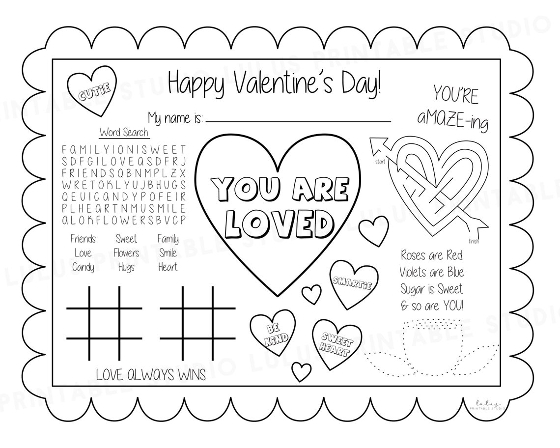 Valentine's Day Kid Placemat Printable Valentine's Etsy