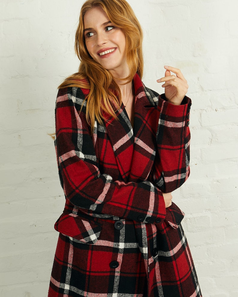 Double Breasted Long Coat in Red Black Check - Etsy