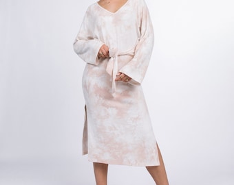 Tie Front Long Sleeve Knit Midi Dress in Cream | Hannah