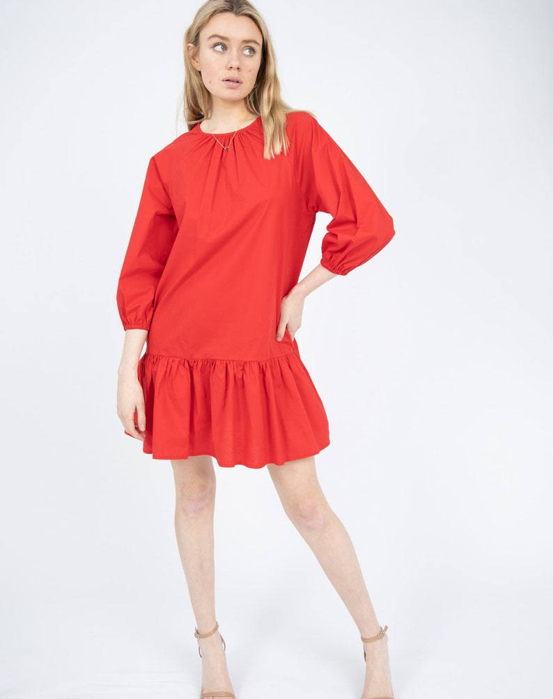 Peplum Hem Cotton Mini Dress in Red Clarissa image 1