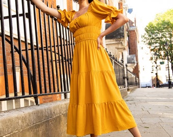 Square Neck Shirred Midi Dress in 