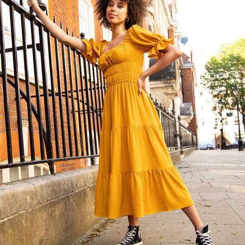 midi shirred layered ruffle dress