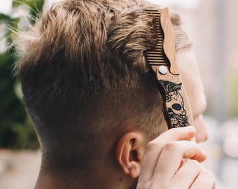 Wooden Foldable Mens Comb, Personalized Hair Brush, Beard Care Accessory, Anniversary Gift for Husband, Groomsman Gift