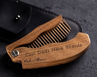 Anniversary Gift for Him, Wood Beard Comb Viking Design, Folding Comb for Hair, Mustache, Beard Care Gift for Mens, Husband Birthday Gift