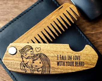 Anniversary Gift for Him, Comb for Boyfriend, Personalized Wooden Comb, Folding Comb, Custom Mustache Comb, Beard Man Comb, Engraved Comb