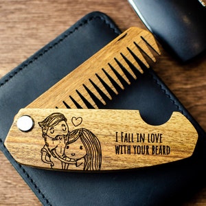 Anniversary Gift for Him, Comb for Boyfriend, Personalized Wooden Comb, Folding Comb, Custom Mustache Comb, Beard Man Comb, Engraved Comb image 1