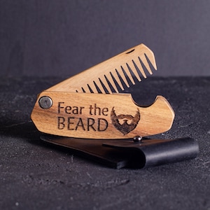 Wooden beard comb Engraved, Groomsmen gifts, Beard care gift for him, Anniversary men gift, Folding walnut comb for hair, mustache, beard