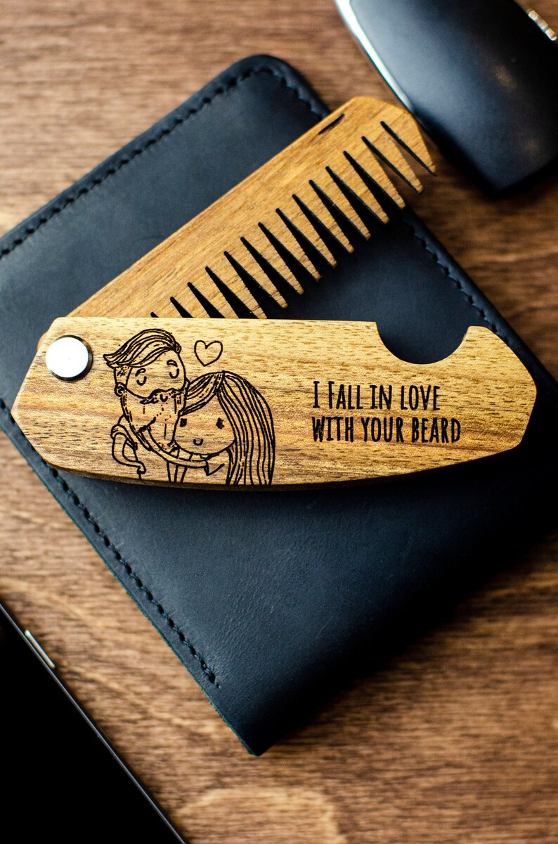 Anniversary Gift for Him, Comb for Boyfriend, Personalized Wooden Comb, Folding Comb, Custom Mustache Comb, Beard Man Comb, Engraved Comb image 1