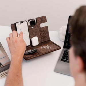 Wooden Docking Station, Mens birthday gift, Charging station, Desk organizer, Nightstand organizer, iPhone stand, Personalized gift for men