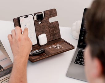 Wooden Docking Station, Mens birthday gift, Charging station, Desk organizer, Nightstand organizer, iPhone stand, Personalized gift for men