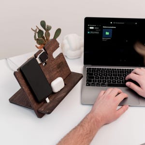 5th Anniversary gift for men, Charging station, Wood desk organizer, Nightstand organizer, Docking station, iPhone stand, Personalized Gift