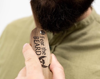 Handmade Wooden Beard Comb, Custom Gift for Him, Unfolding Personalized Comb, Natural Beard Grooming Tool, Named Beard Care, Gift for Dad