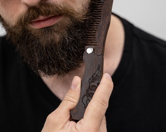 Personalized Wooden Beard Comb, Mens Foldable Hair Comb, Unique Grooming Gift for Him, Natural Beard Care Accessory, Travel Gift for Dad